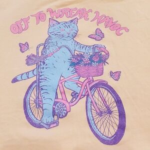 AS Colour Women's Small Crop Tee Peach "Off To Wreak‎ Havoc" Cat Bicycle Shirt